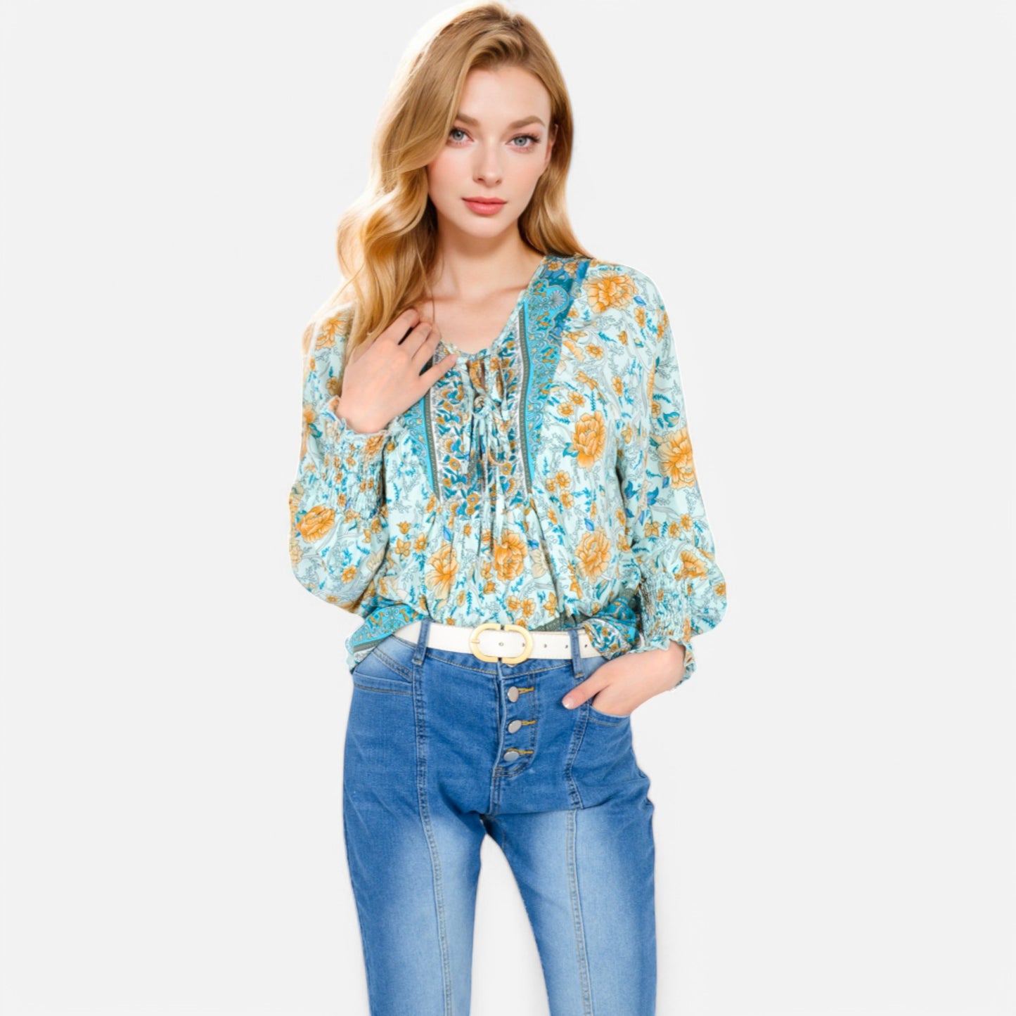 Anna-Kaci Women's Floral Boho Peasant Blouse with Long Sleeves and Tassel Tie