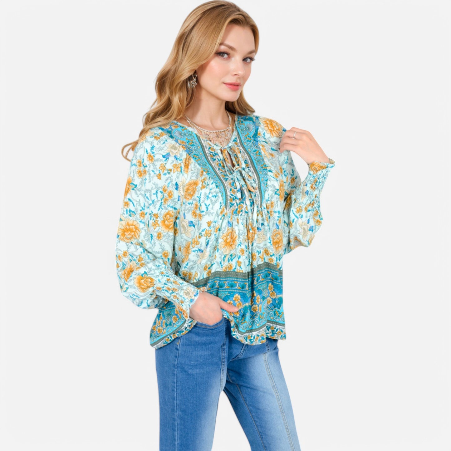 Anna-Kaci Women's Floral Boho Peasant Blouse with Long Sleeves and Tassel Tie