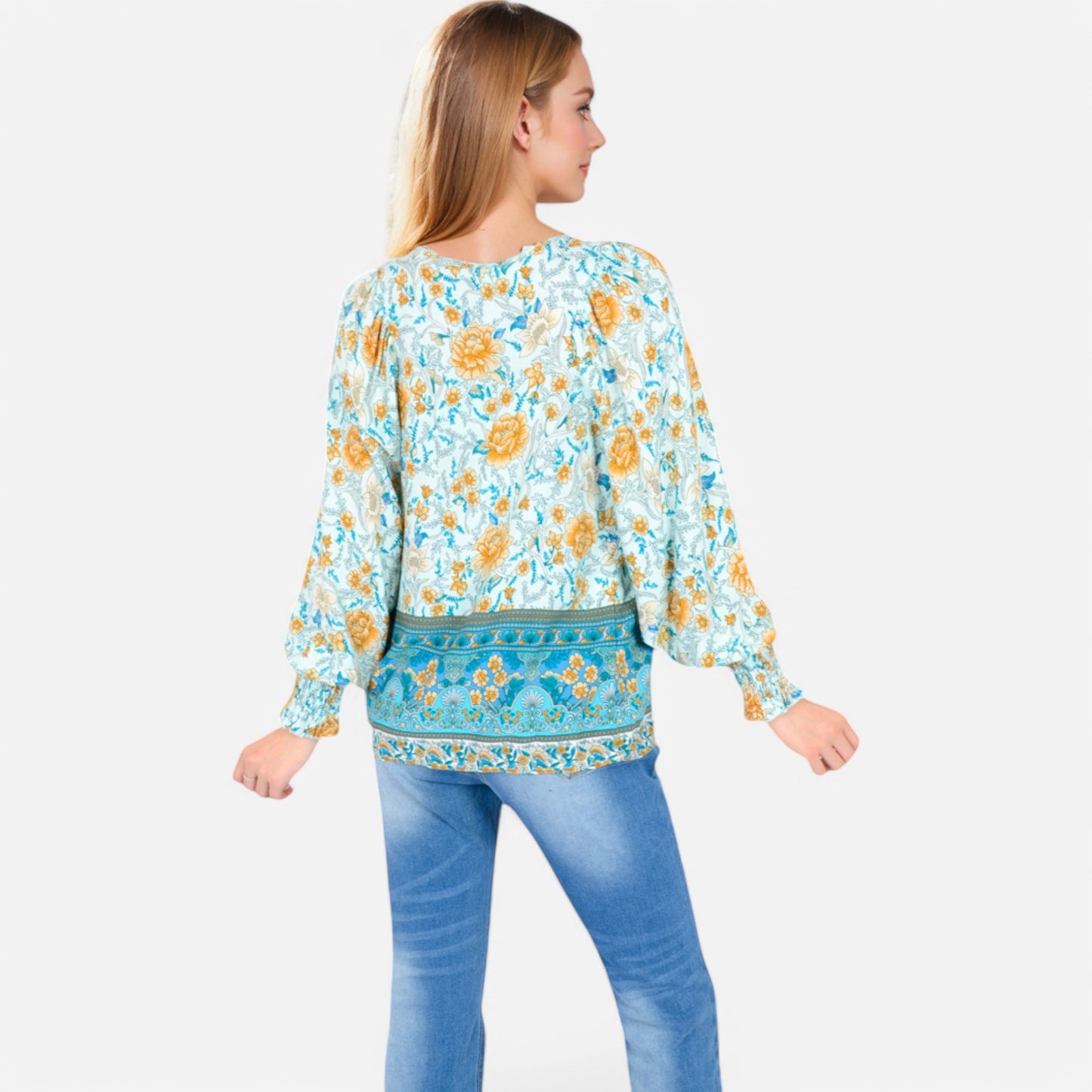 Anna-Kaci Women's Floral Boho Peasant Blouse with Long Sleeves and Tassel Tie