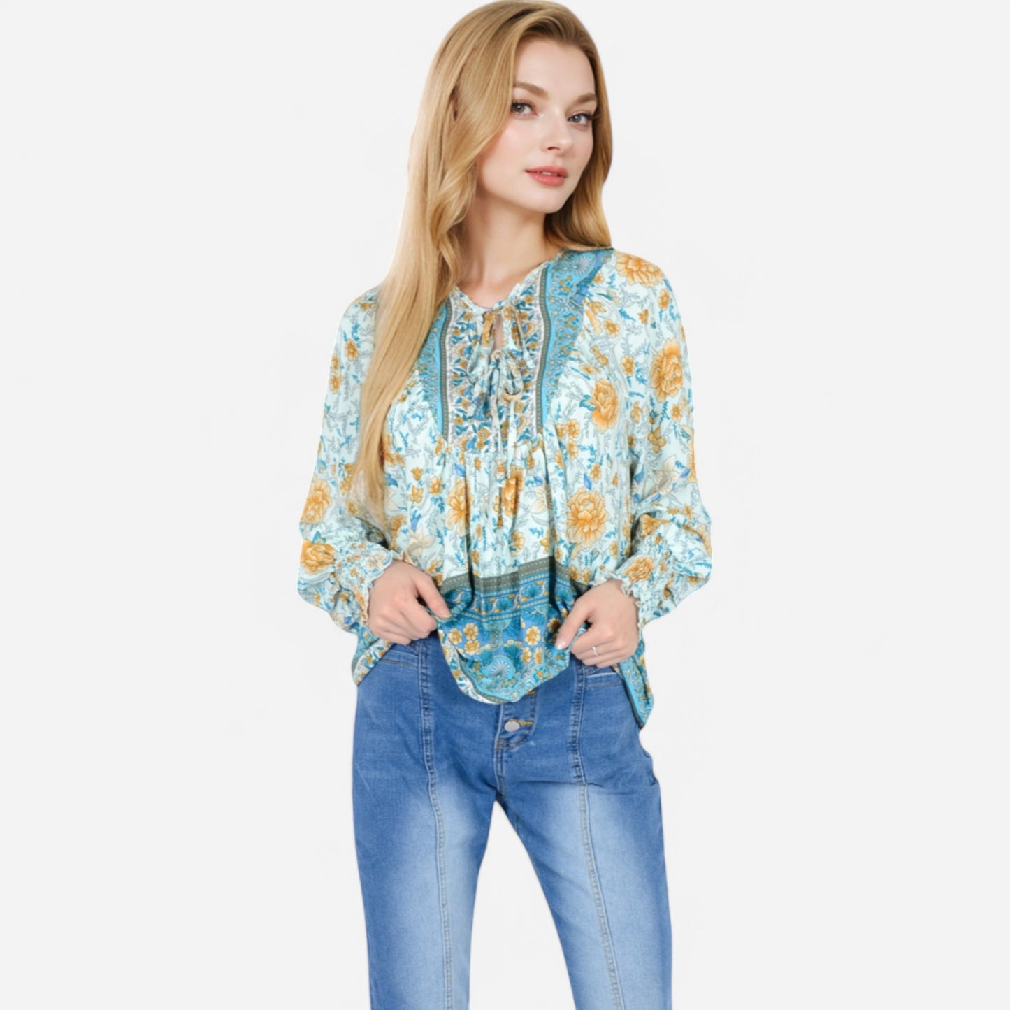 Anna-Kaci Women's Floral Boho Peasant Blouse with Long Sleeves and Tassel Tie