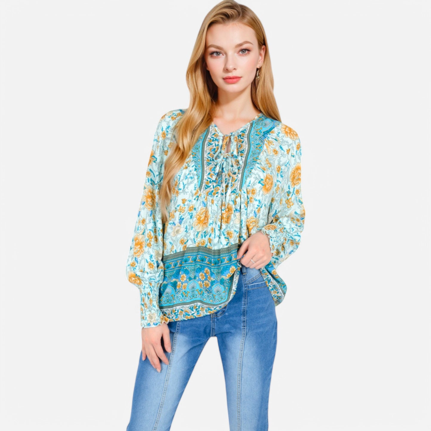 Anna-Kaci Women's Floral Boho Peasant Blouse with Long Sleeves and Tassel Tie