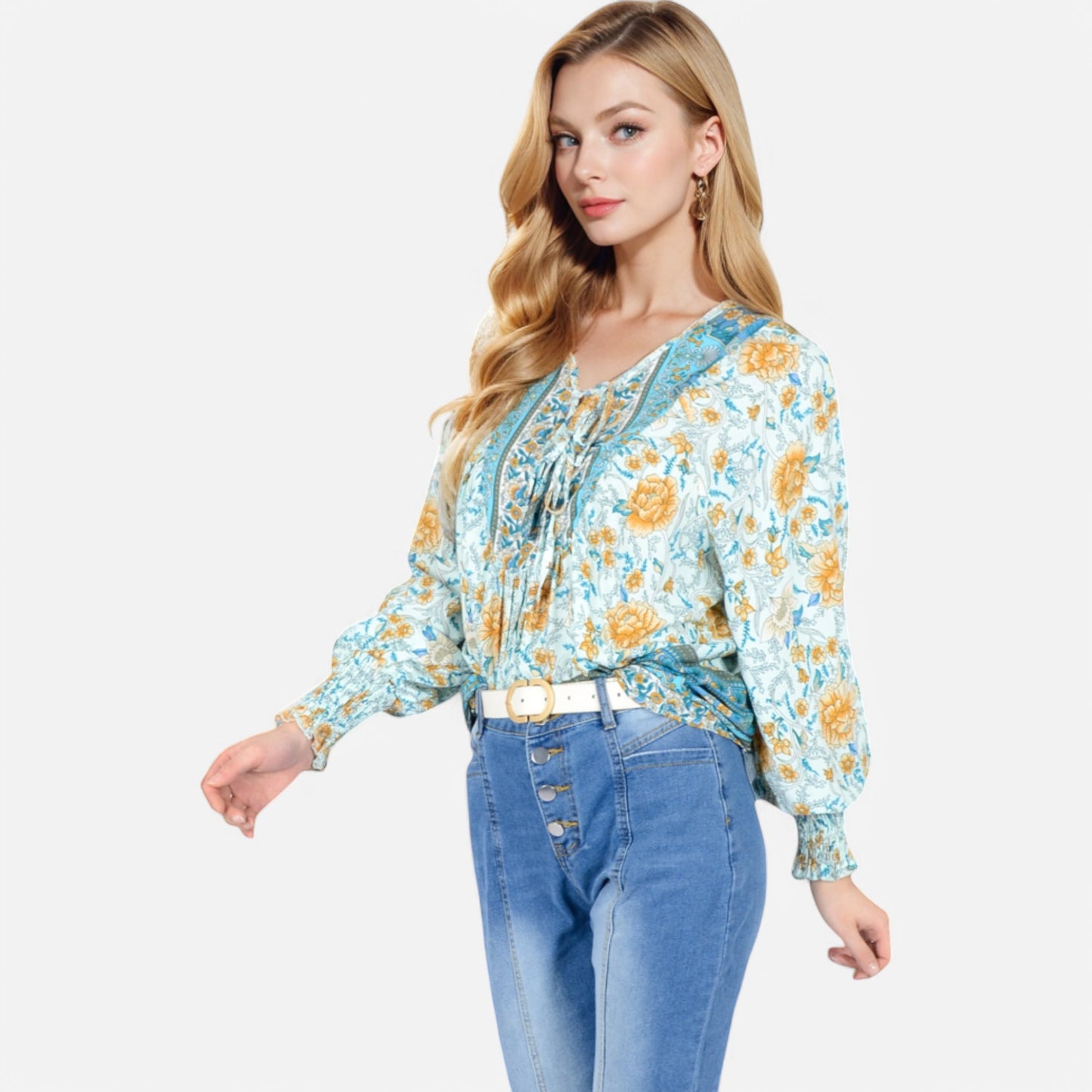 Anna-Kaci Women's Floral Boho Peasant Blouse with Long Sleeves and Tassel Tie