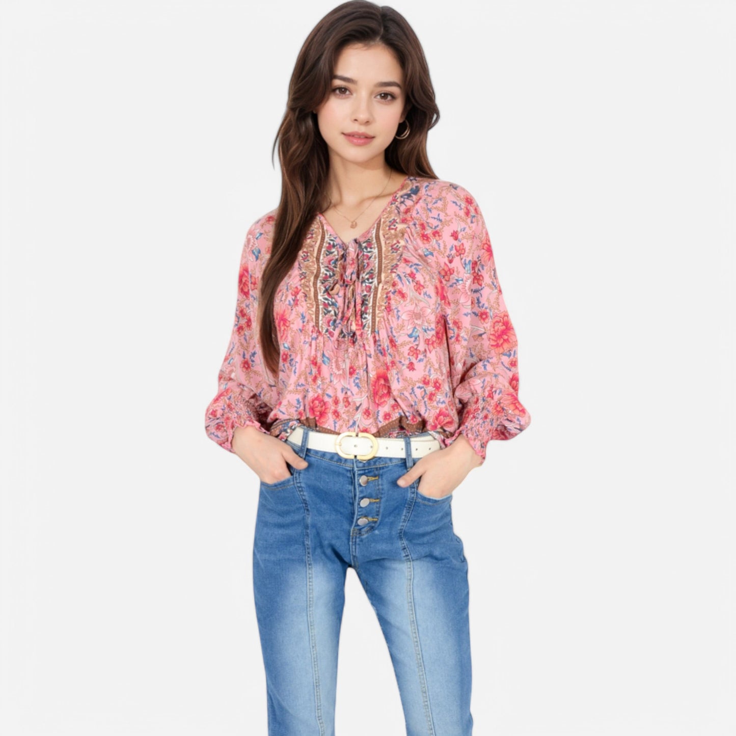 Anna-Kaci Women's Floral Boho Peasant Blouse with Long Sleeves and Tassel Tie