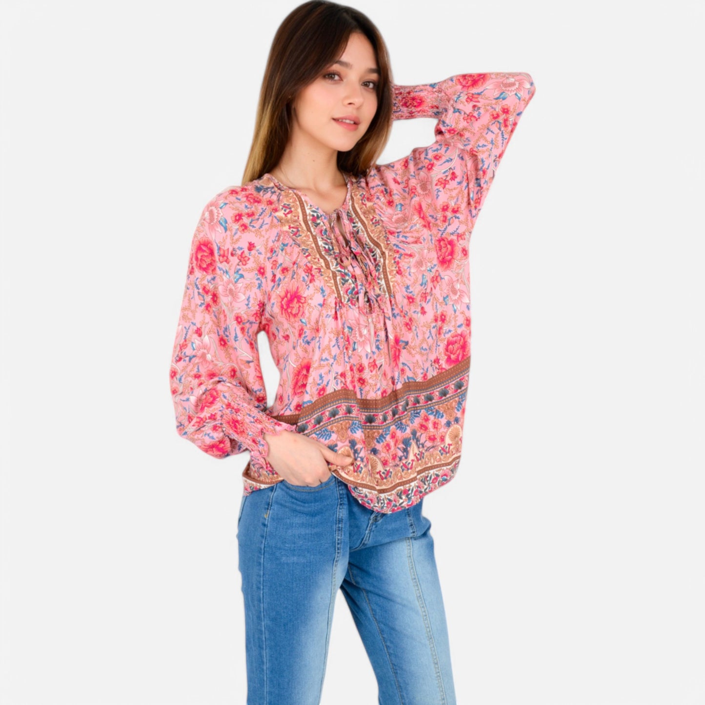 Anna-Kaci Women's Floral Boho Peasant Blouse with Long Sleeves and Tassel Tie