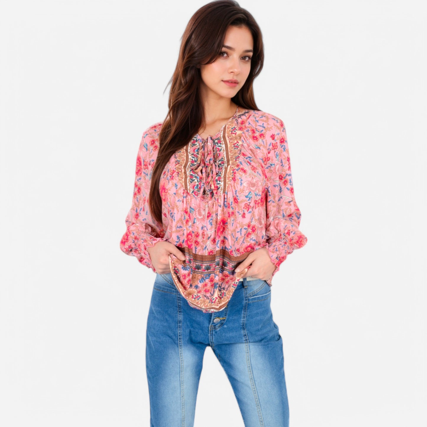 Anna-Kaci Women's Floral Boho Peasant Blouse with Long Sleeves and Tassel Tie