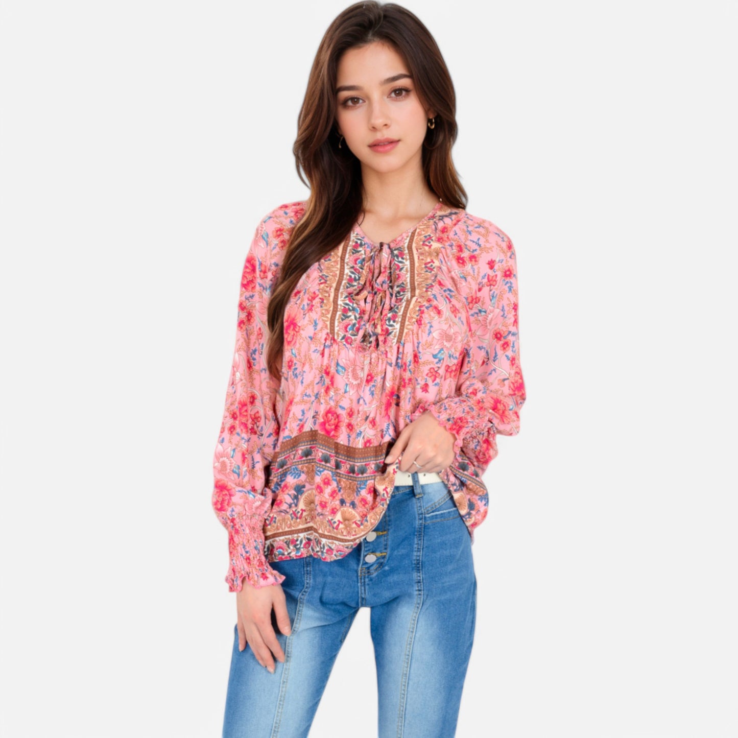 Anna-Kaci Women's Floral Boho Peasant Blouse with Long Sleeves and Tassel Tie