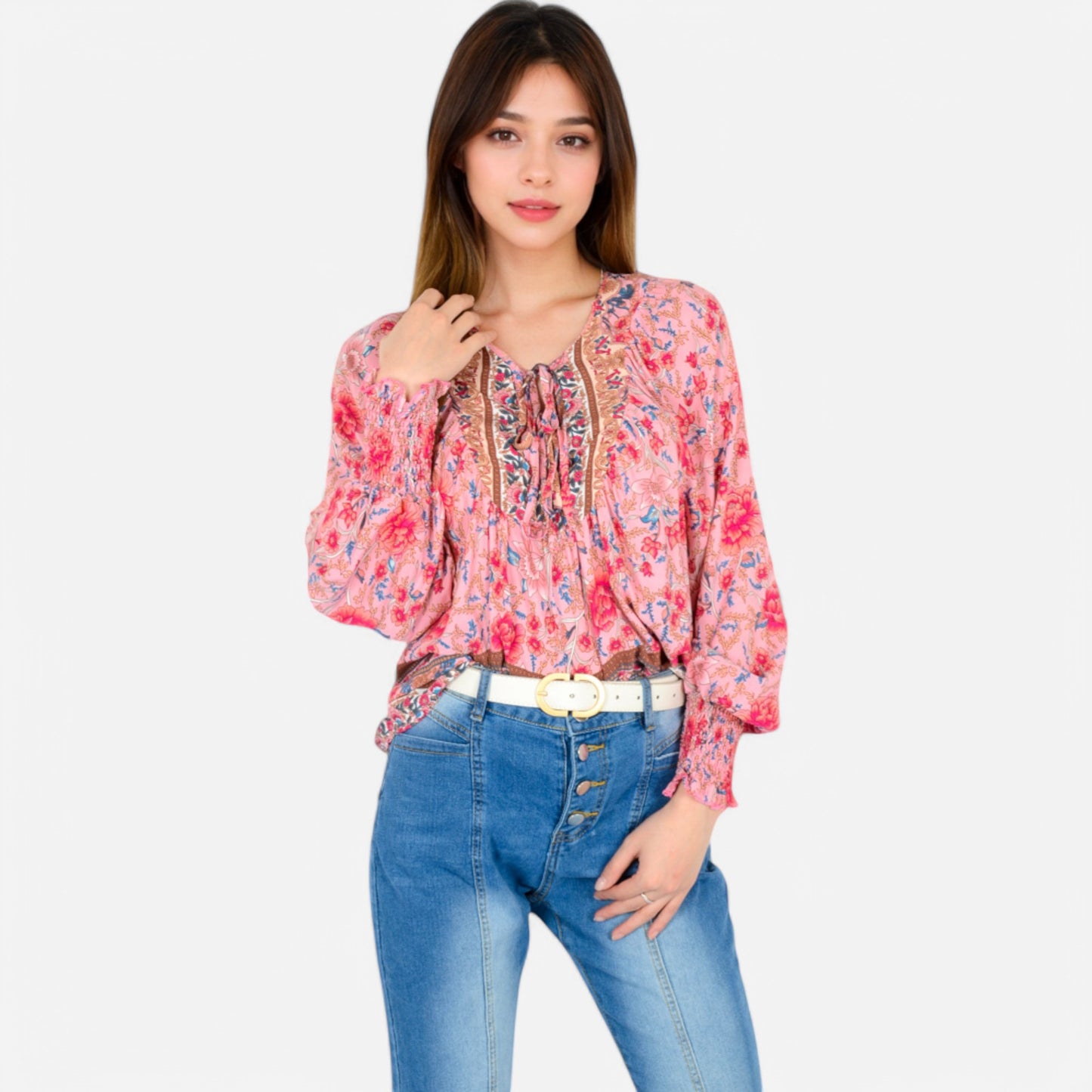Anna-Kaci Women's Floral Boho Peasant Blouse with Long Sleeves and Tassel Tie