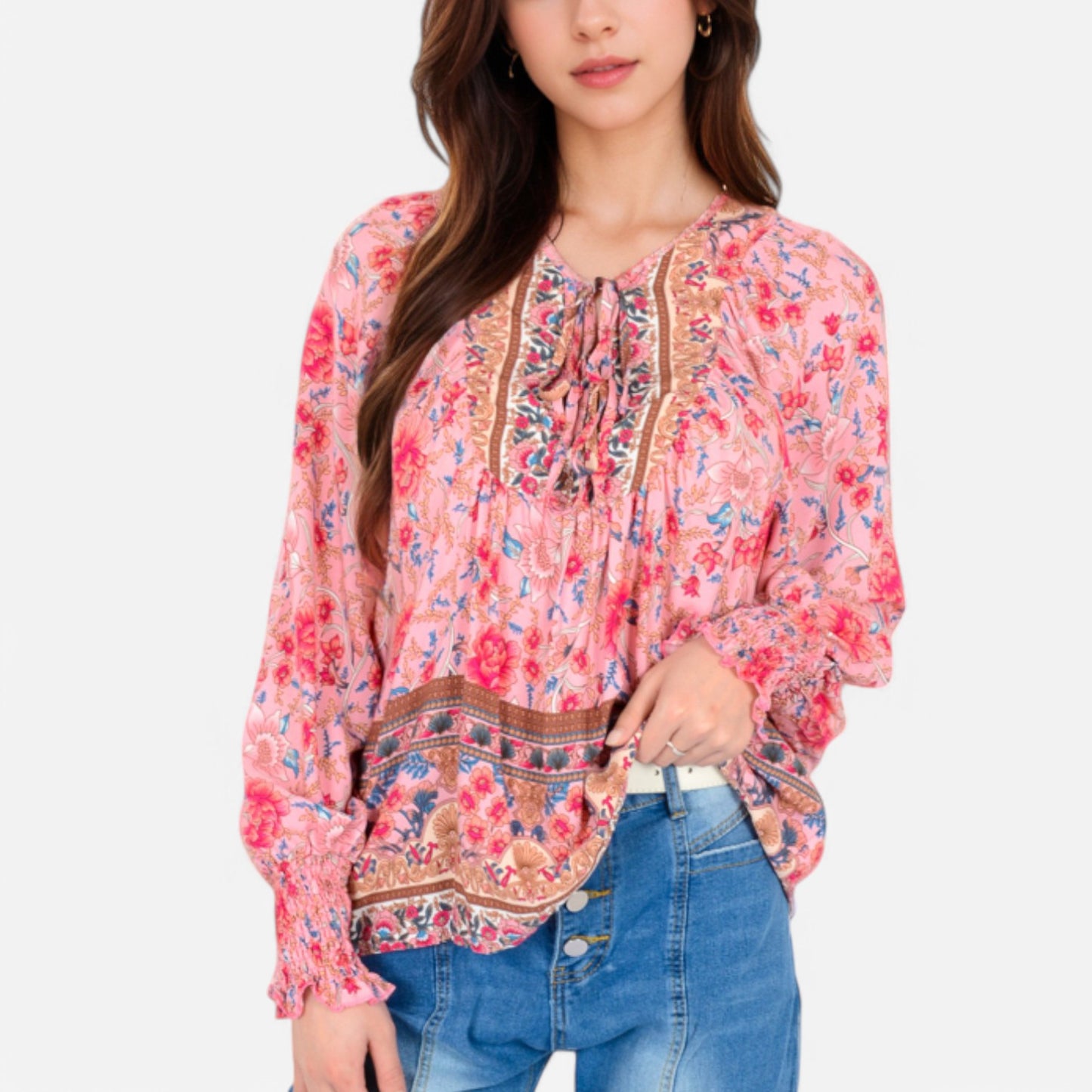 Anna-Kaci Women's Floral Boho Peasant Blouse with Long Sleeves and Tassel Tie