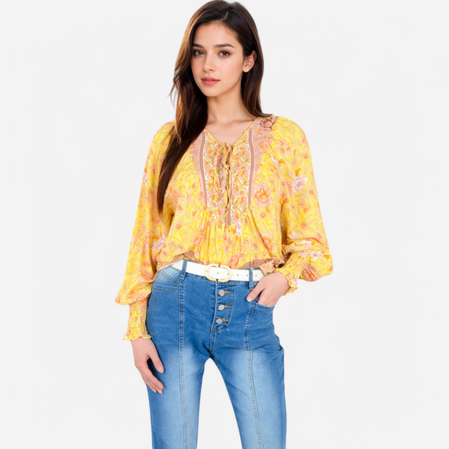 Anna-Kaci Women's Floral Boho Peasant Blouse with Long Sleeves and Tassel Tie