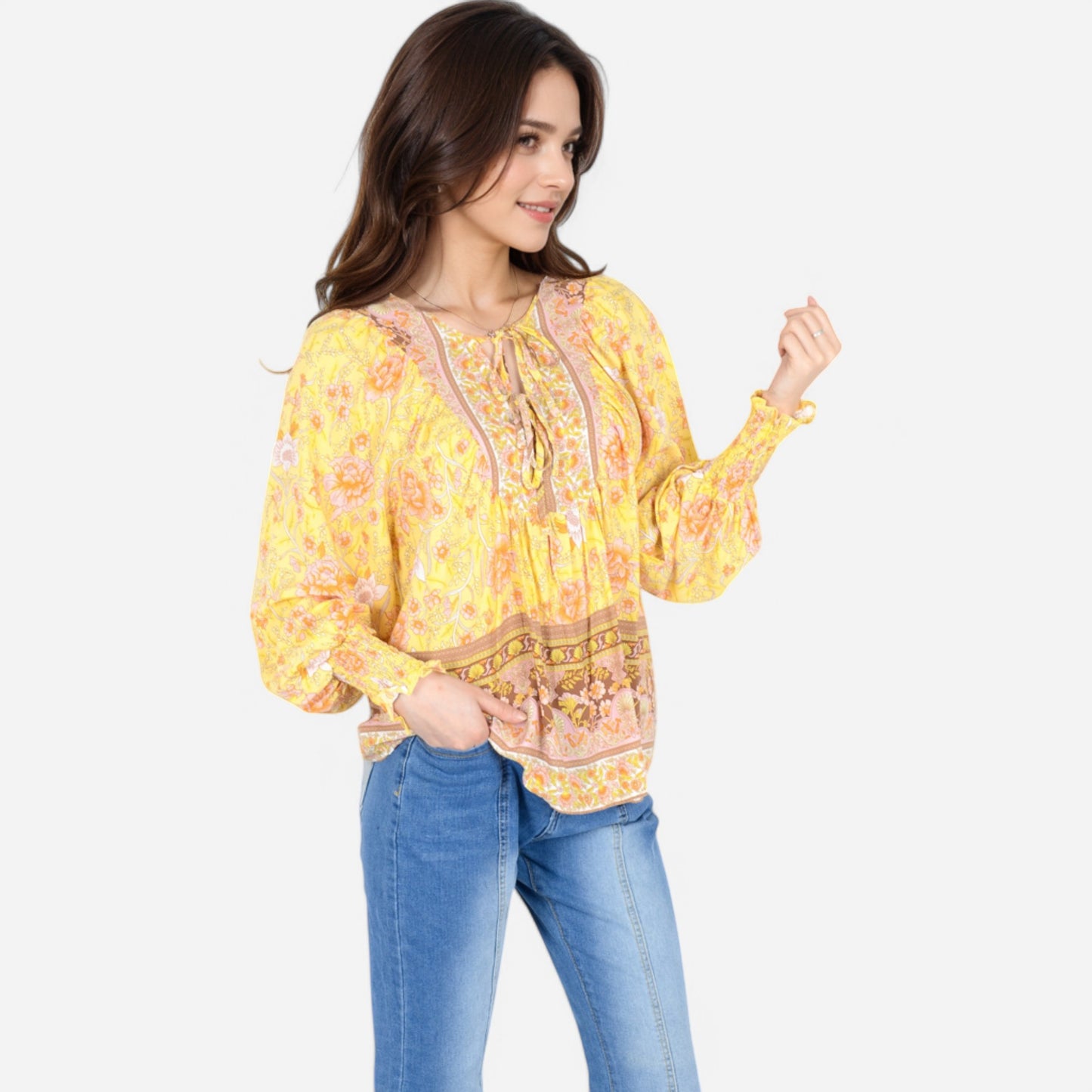 Anna-Kaci Women's Floral Boho Peasant Blouse with Long Sleeves and Tassel Tie