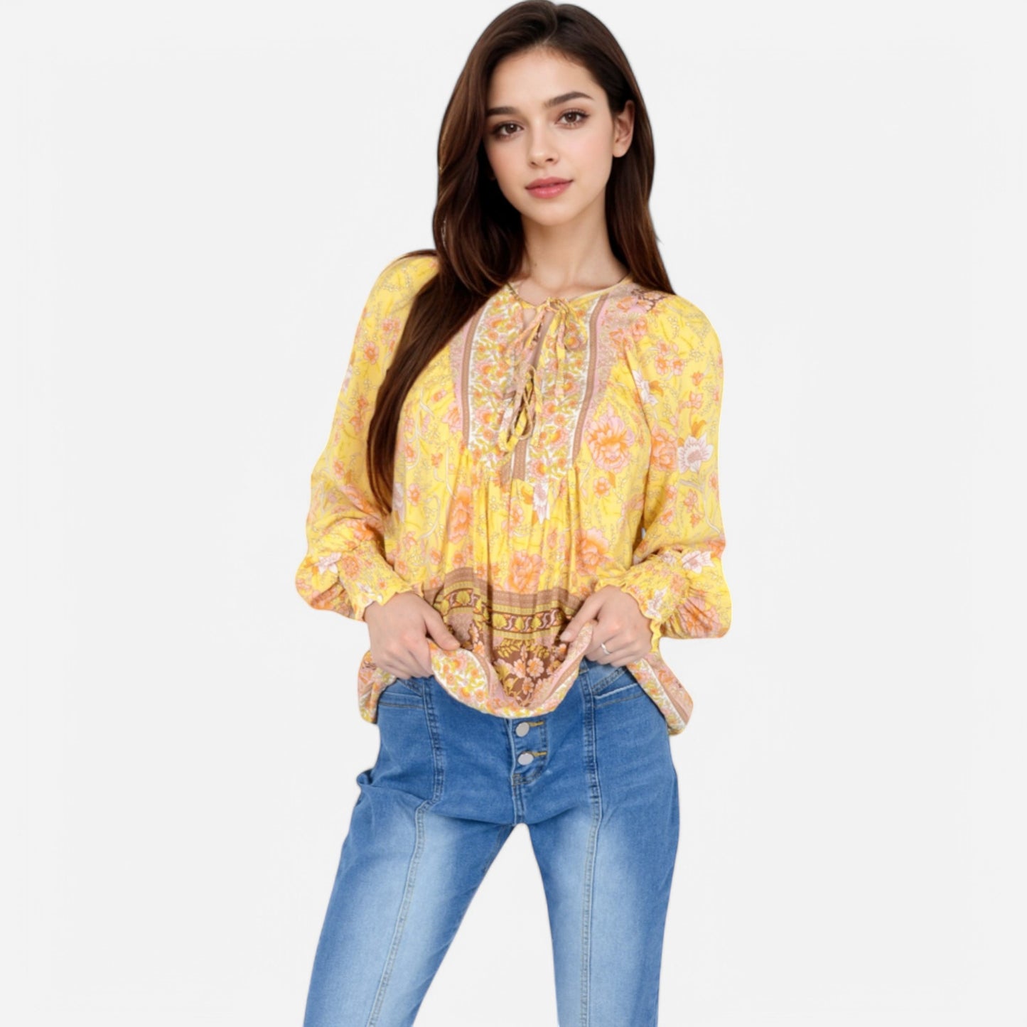 Anna-Kaci Women's Floral Boho Peasant Blouse with Long Sleeves and Tassel Tie