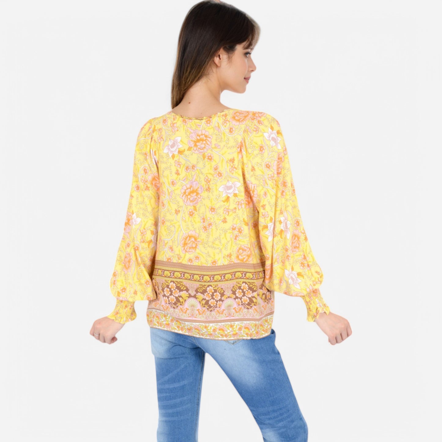 Anna-Kaci Women's Floral Boho Peasant Blouse with Long Sleeves and Tassel Tie
