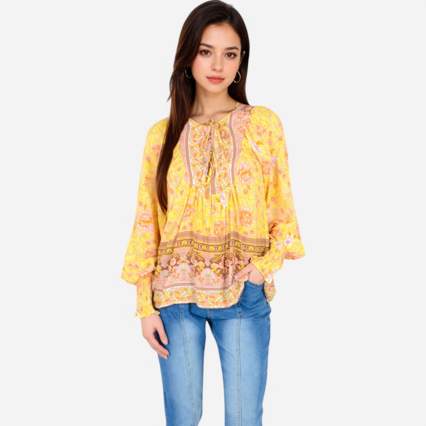 Anna-Kaci Women's Floral Boho Peasant Blouse with Long Sleeves and Tassel Tie