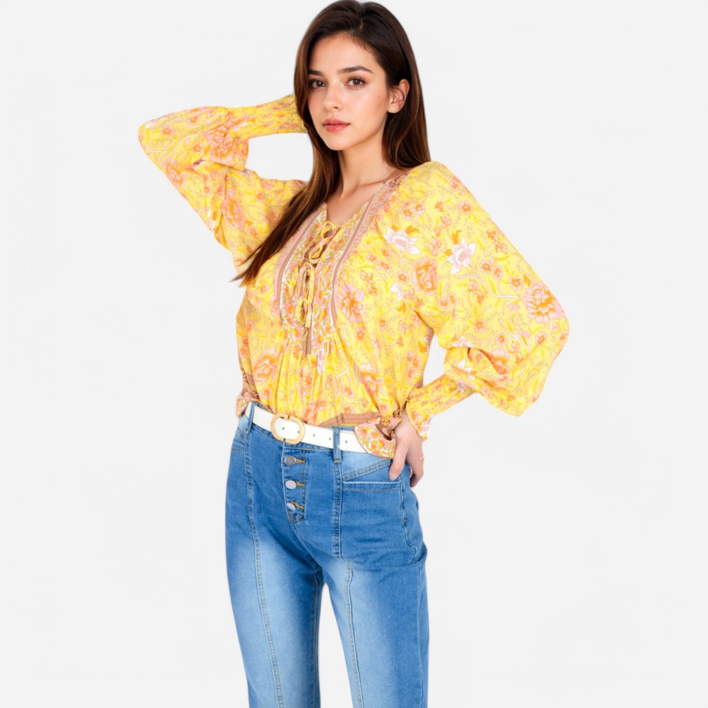 Anna-Kaci Women's Floral Boho Peasant Blouse with Long Sleeves and Tassel Tie