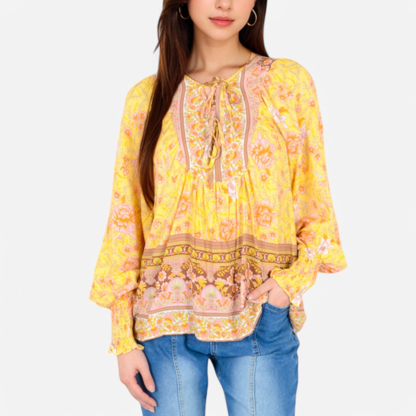 Anna-Kaci Women's Floral Boho Peasant Blouse with Long Sleeves and Tassel Tie