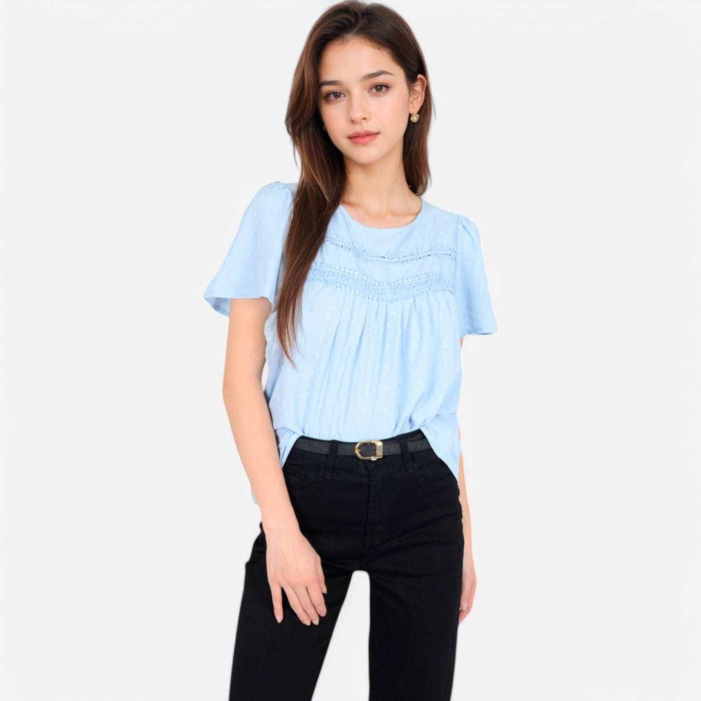 Anna-Kaci Women's Lace Yoke Short Sleeve Blouse with Pleated Front