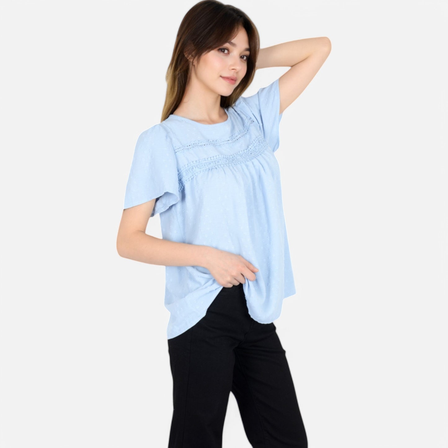 Anna-Kaci Women's Lace Yoke Short Sleeve Blouse with Pleated Front