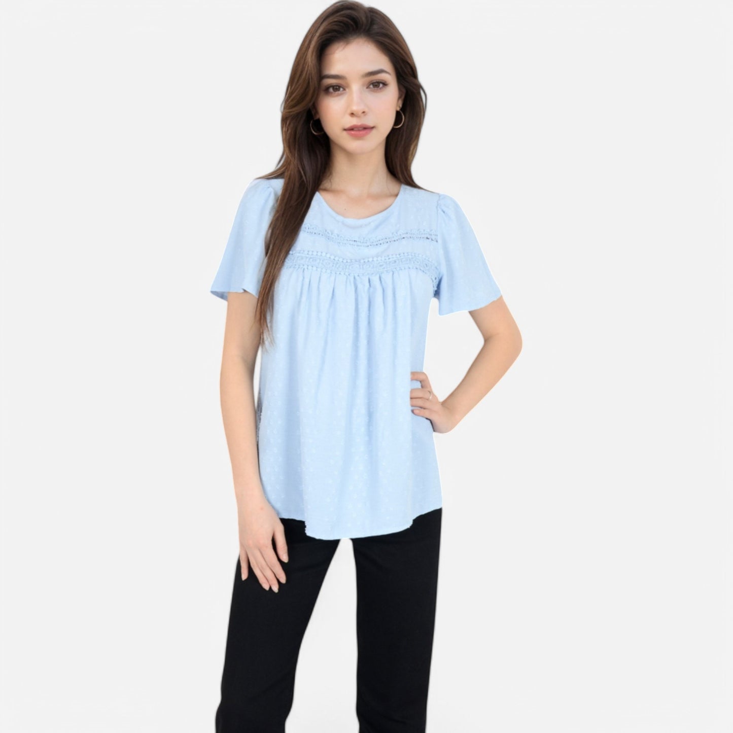 Anna-Kaci Women's Lace Yoke Short Sleeve Blouse with Pleated Front