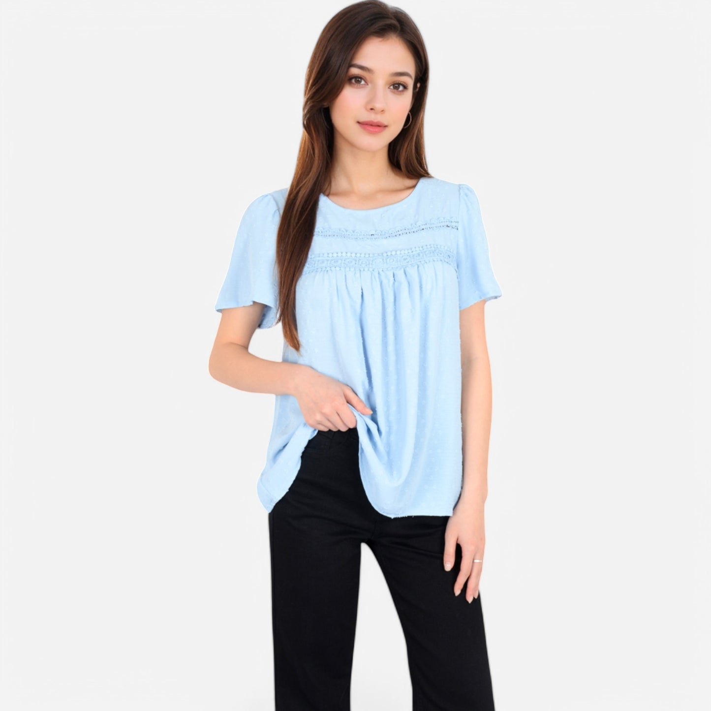 Anna-Kaci Women's Lace Yoke Short Sleeve Blouse with Pleated Front