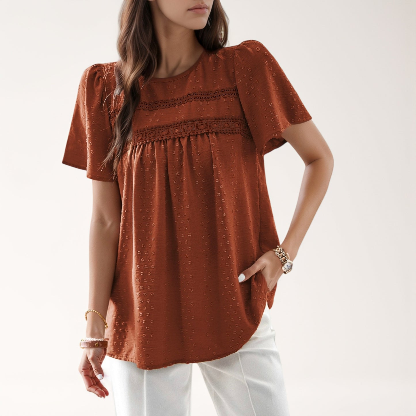 Anna-Kaci Women's Lace Yoke Short Sleeve Blouse with Pleated Front