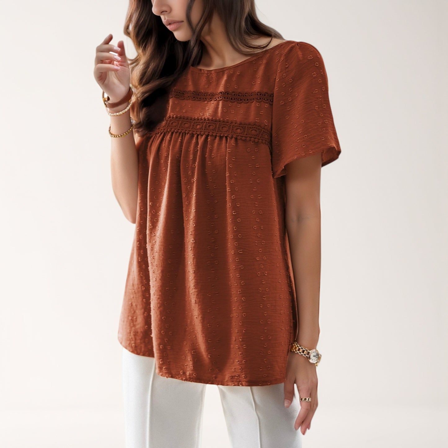 Anna-Kaci Women's Lace Yoke Short Sleeve Blouse with Pleated Front