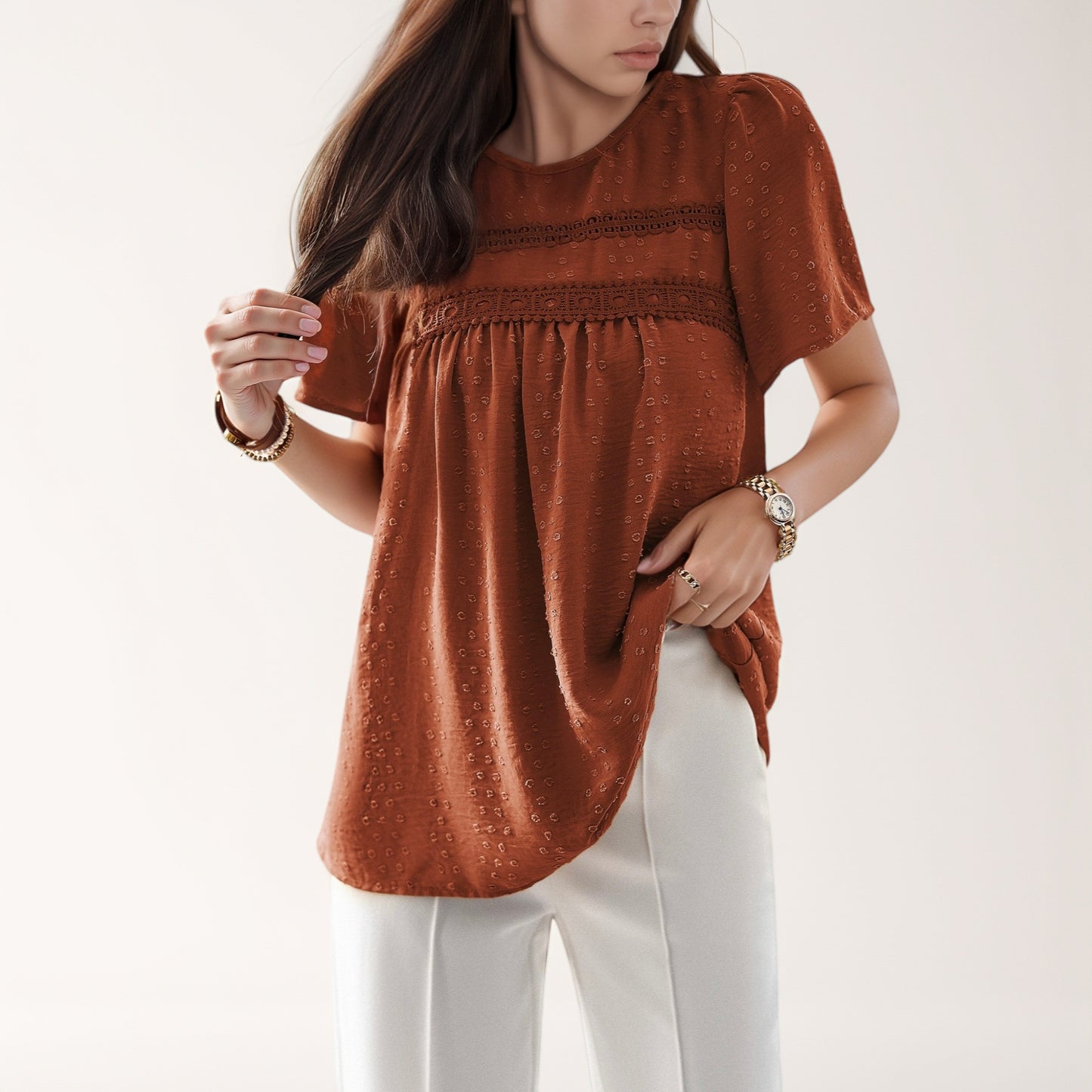 Anna-Kaci Women's Lace Yoke Short Sleeve Blouse with Pleated Front