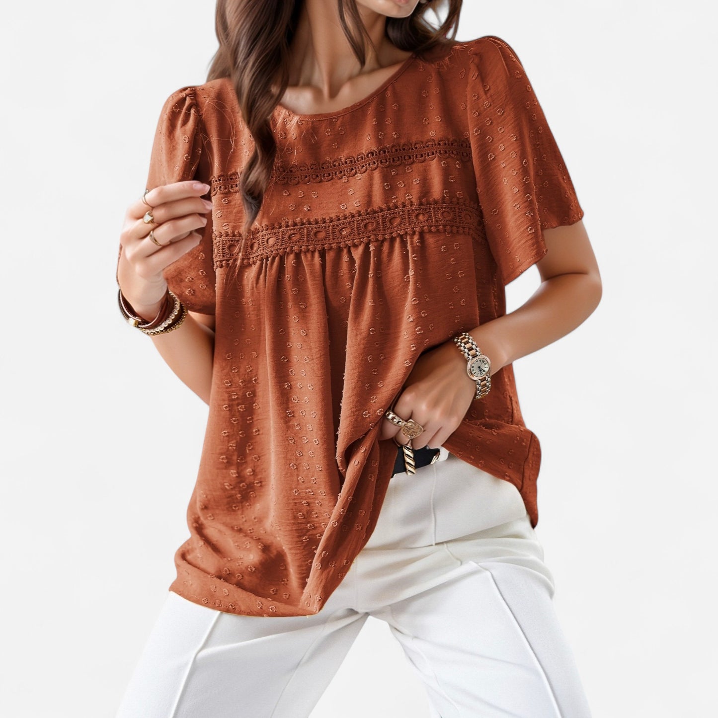 Anna-Kaci Women's Lace Yoke Short Sleeve Blouse with Pleated Front
