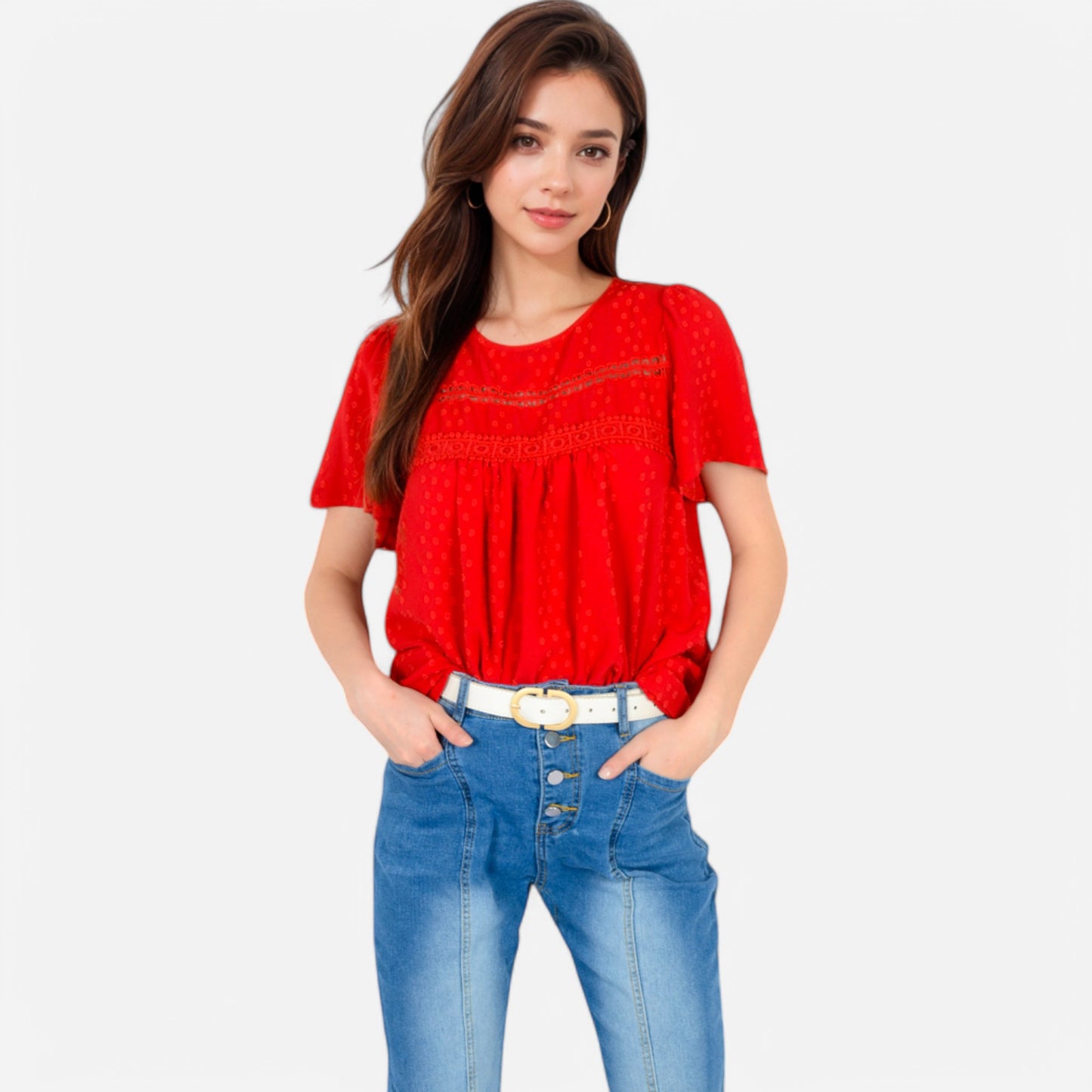 Anna-Kaci Women's Lace Yoke Short Sleeve Blouse with Pleated Front