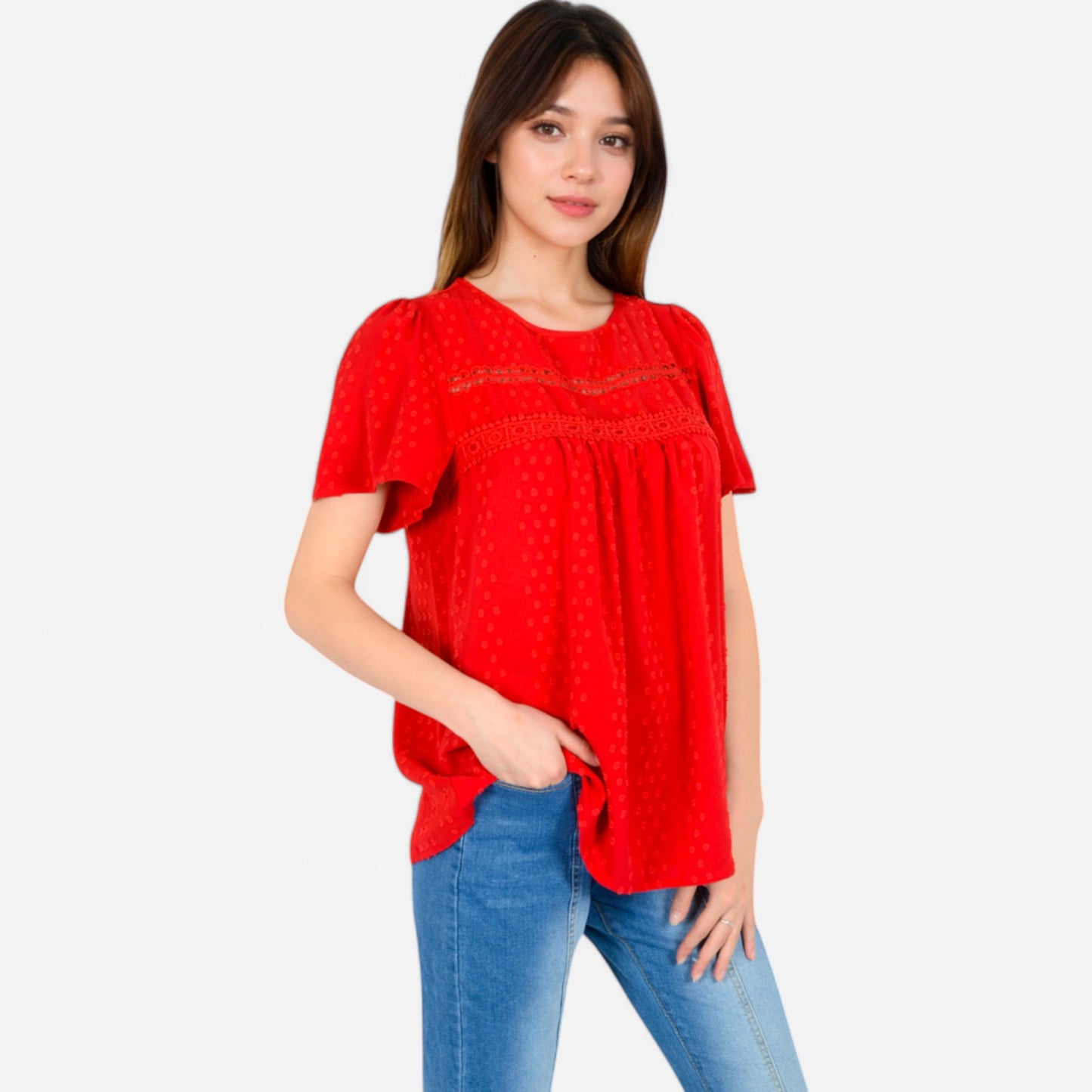 Anna-Kaci Women's Lace Yoke Short Sleeve Blouse with Pleated Front