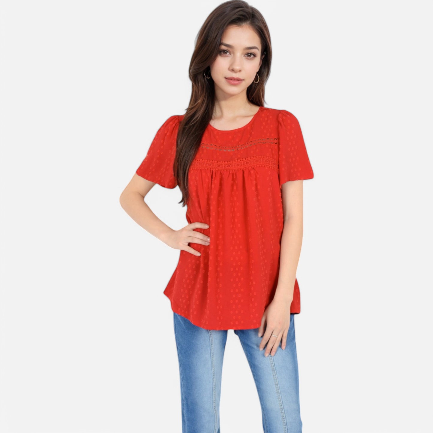 Anna-Kaci Women's Lace Yoke Short Sleeve Blouse with Pleated Front