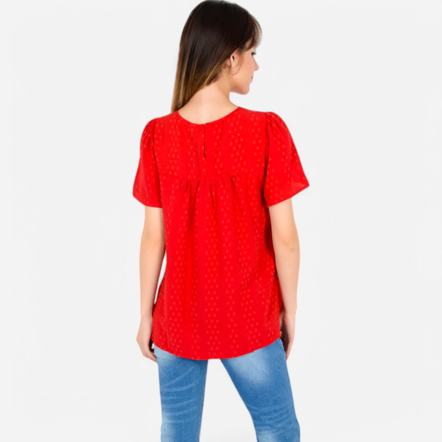 Anna-Kaci Women's Lace Yoke Short Sleeve Blouse with Pleated Front