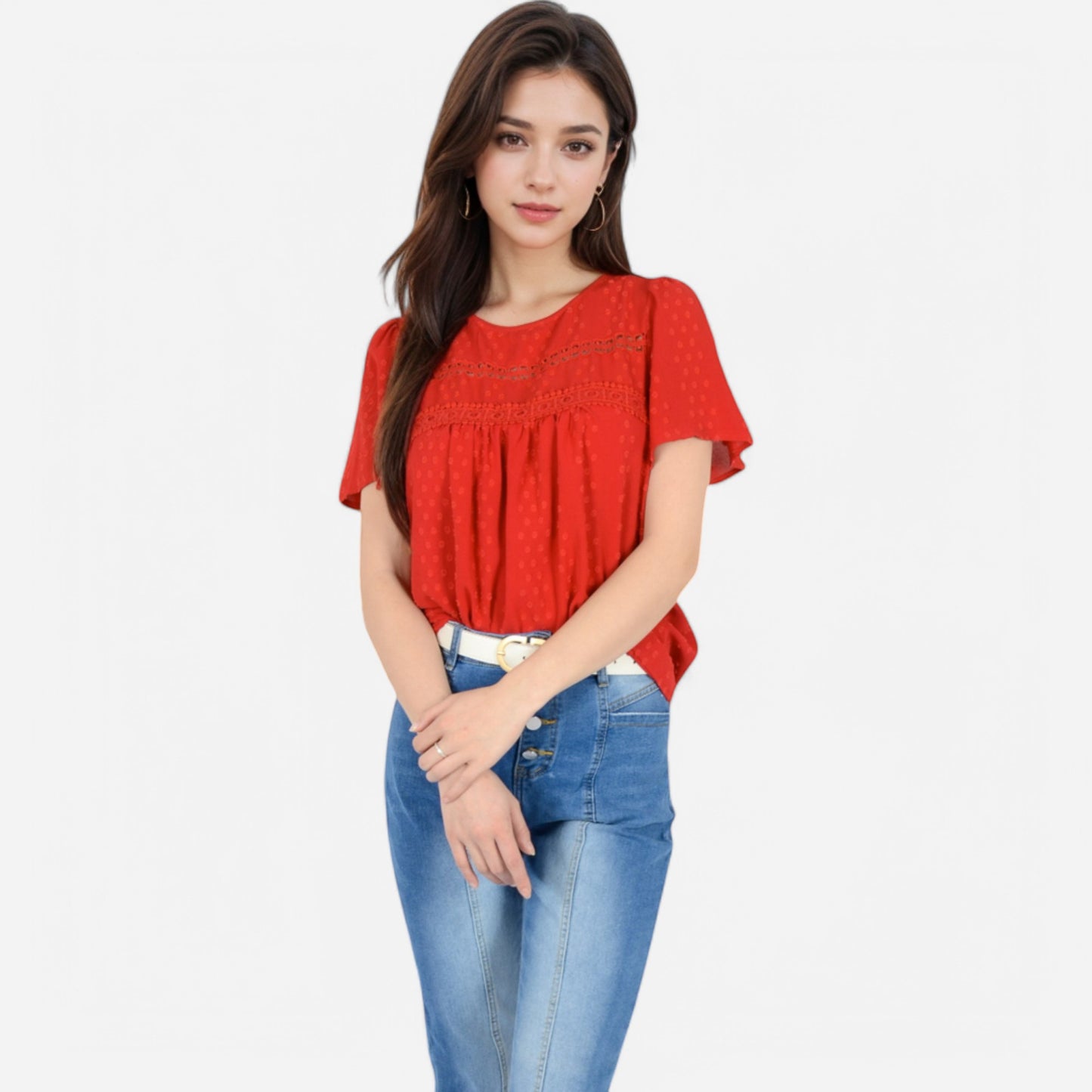 Anna-Kaci Women's Lace Yoke Short Sleeve Blouse with Pleated Front