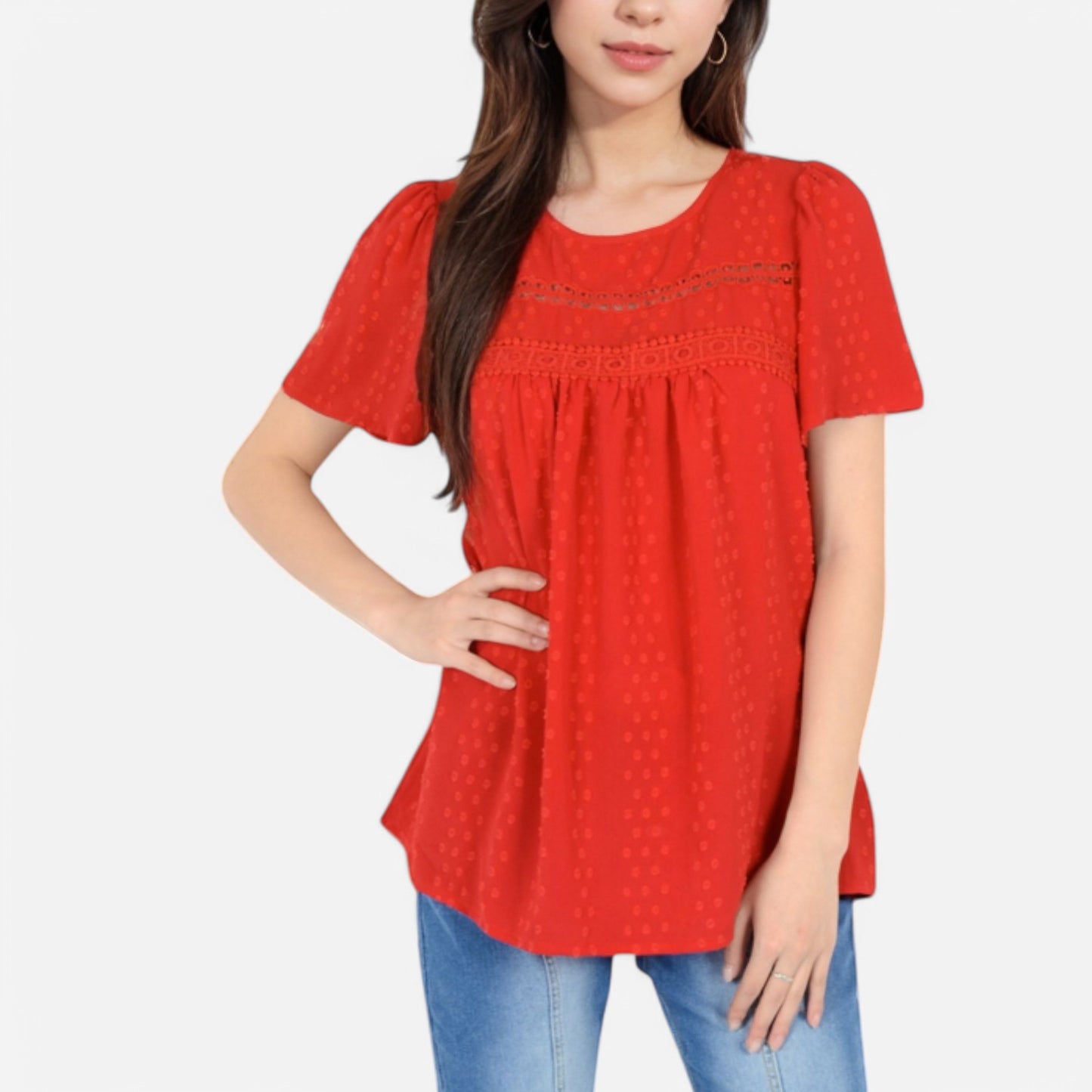 Anna-Kaci Women's Lace Yoke Short Sleeve Blouse with Pleated Front