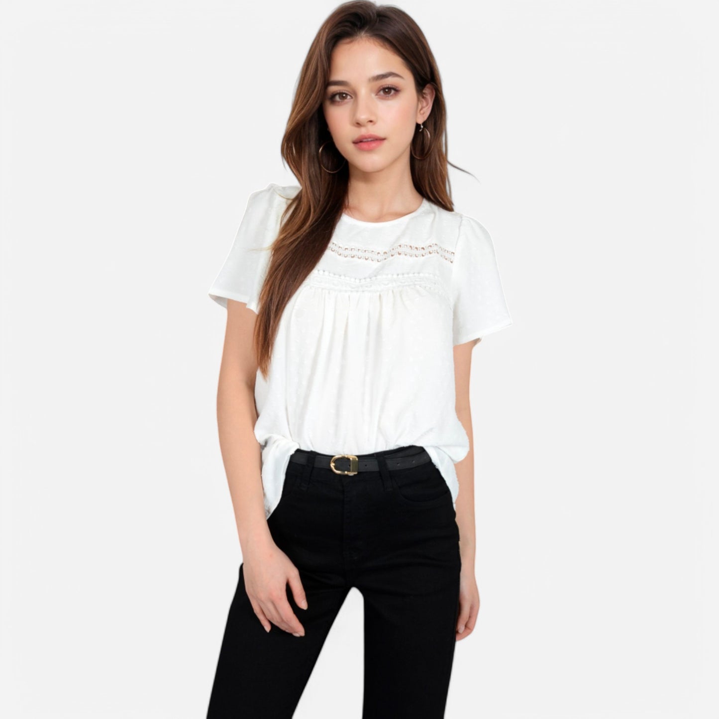 Anna-Kaci Women's Lace Yoke Short Sleeve Blouse with Pleated Front