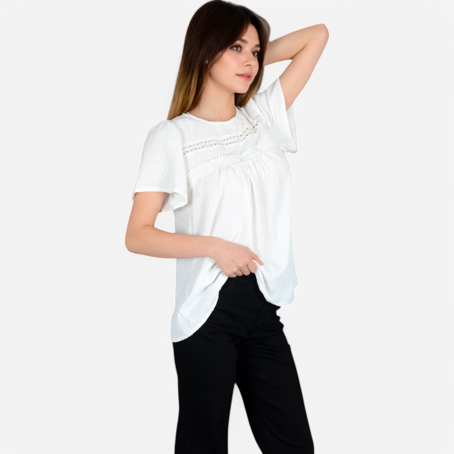 Anna-Kaci Women's Lace Yoke Short Sleeve Blouse with Pleated Front