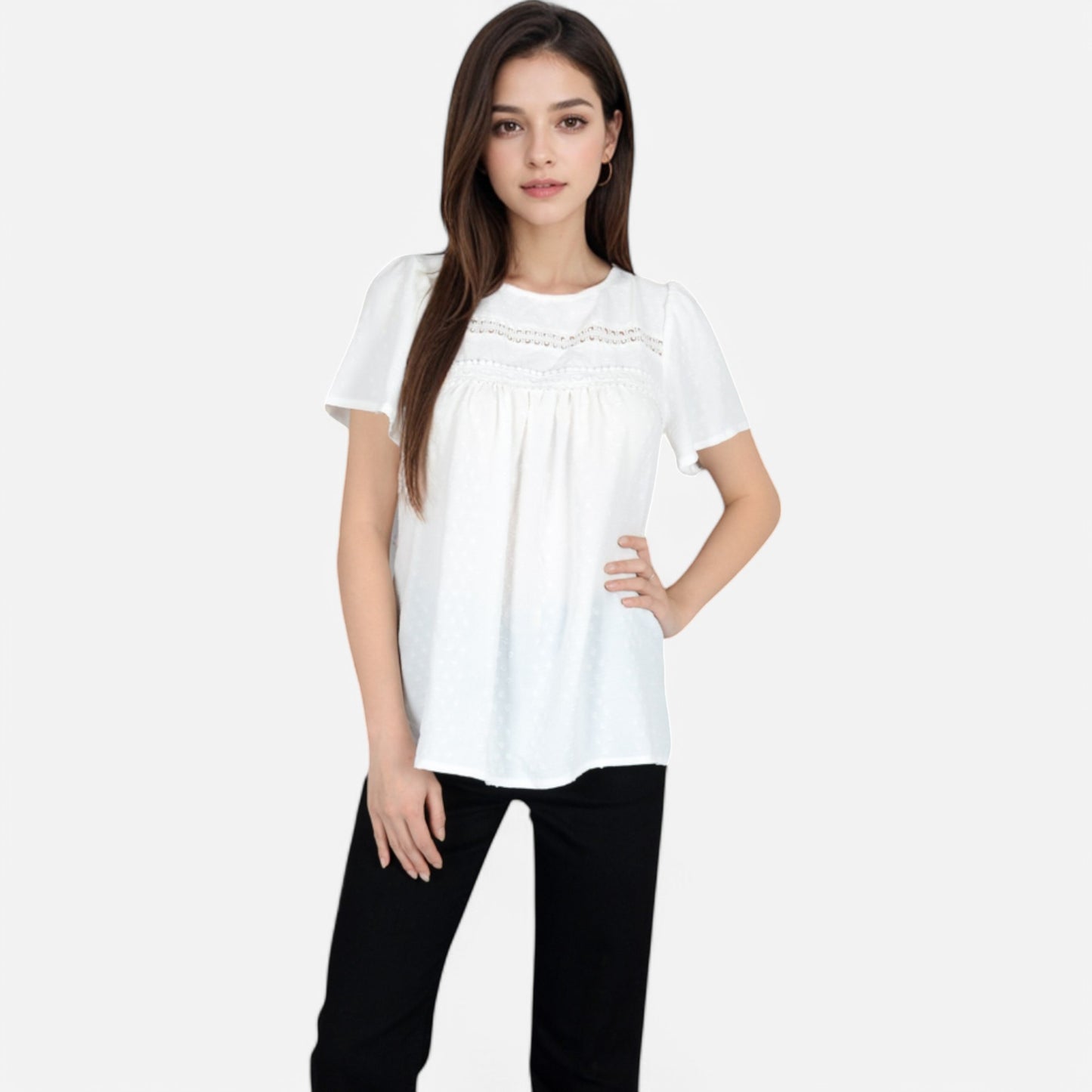 Anna-Kaci Women's Lace Yoke Short Sleeve Blouse with Pleated Front