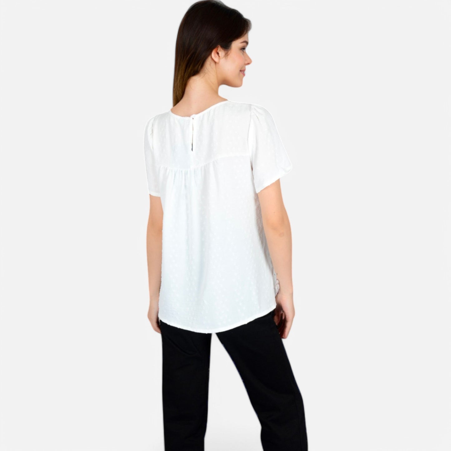Anna-Kaci Women's Lace Yoke Short Sleeve Blouse with Pleated Front