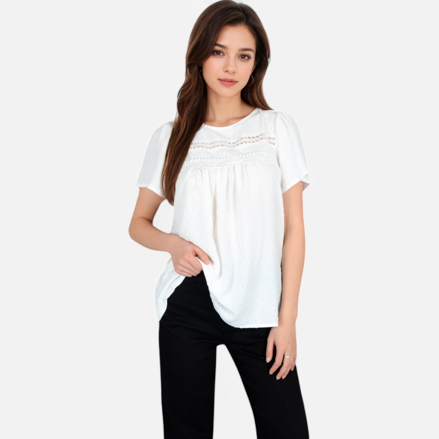 Anna-Kaci Women's Lace Yoke Short Sleeve Blouse with Pleated Front