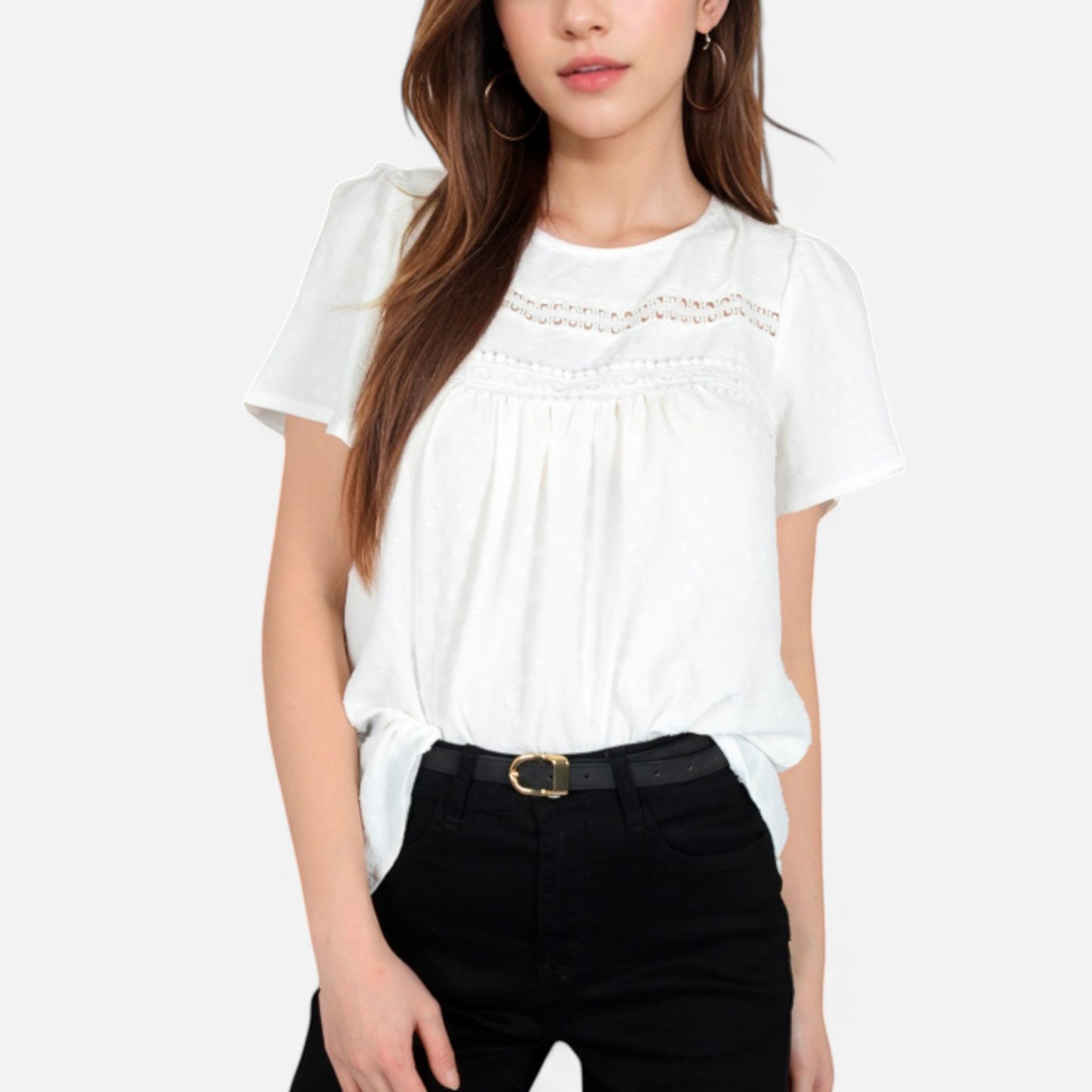 Anna-Kaci Women's Lace Yoke Short Sleeve Blouse with Pleated Front