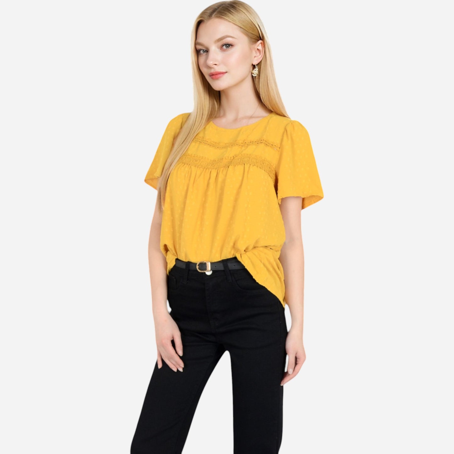 Anna-Kaci Women's Lace Yoke Short Sleeve Blouse with Pleated Front