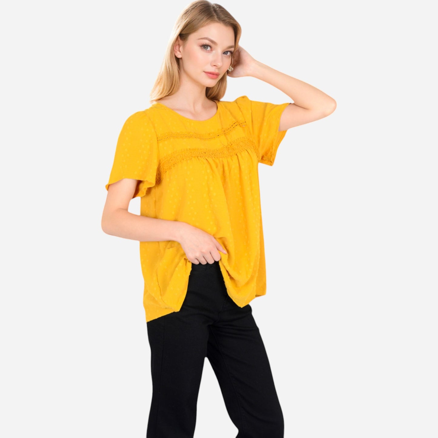 Anna-Kaci Women's Lace Yoke Short Sleeve Blouse with Pleated Front