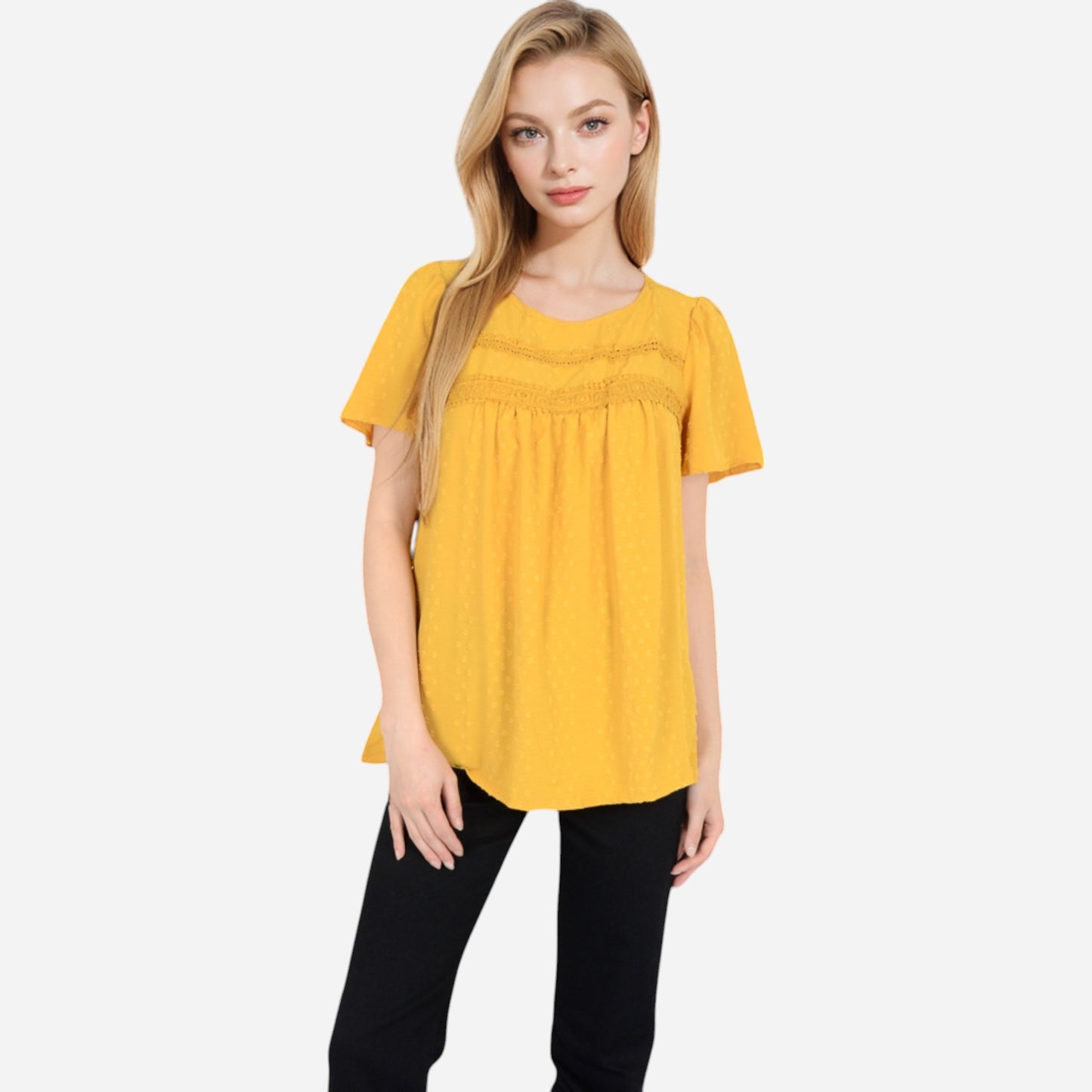 Anna-Kaci Women's Lace Yoke Short Sleeve Blouse with Pleated Front