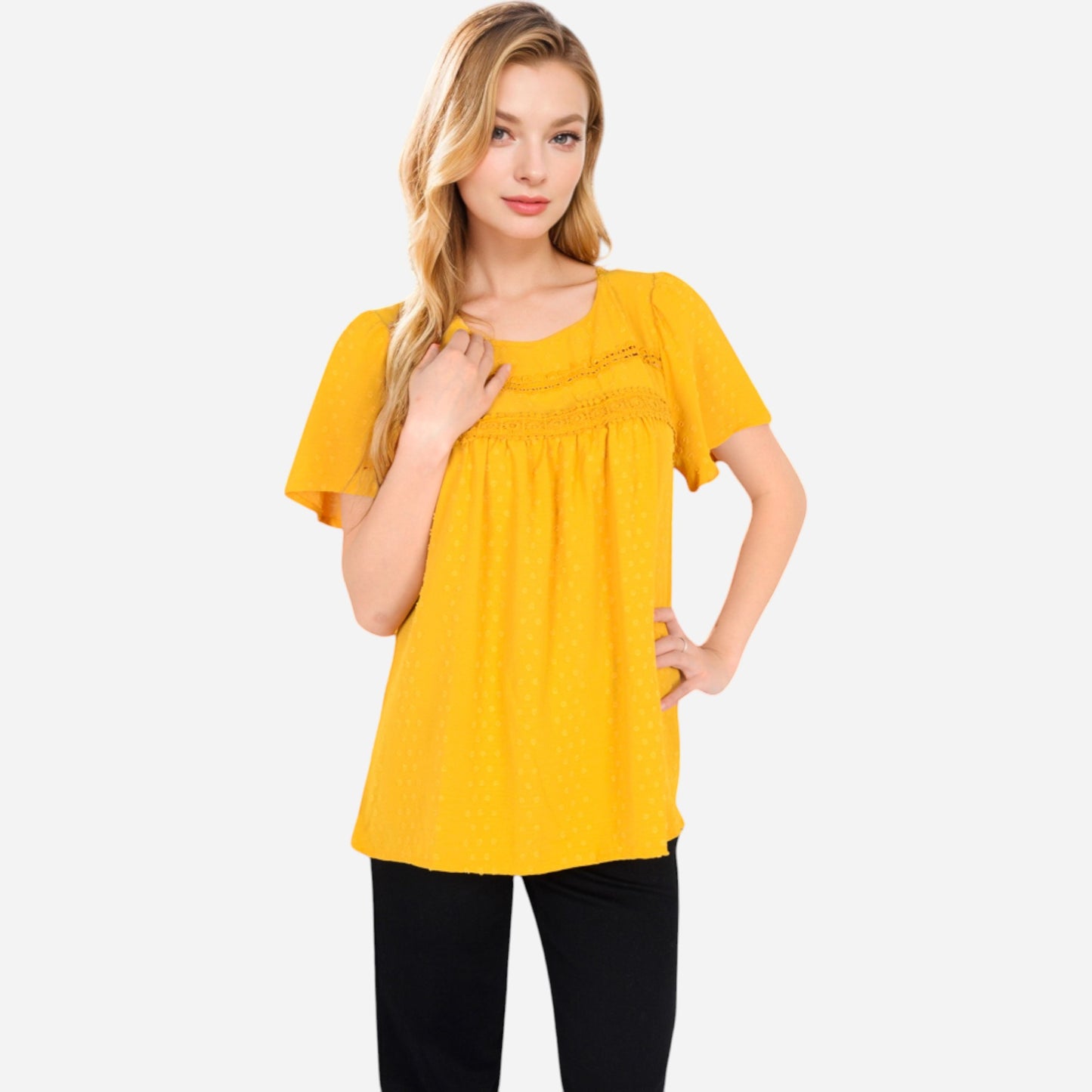 Anna-Kaci Women's Lace Yoke Short Sleeve Blouse with Pleated Front