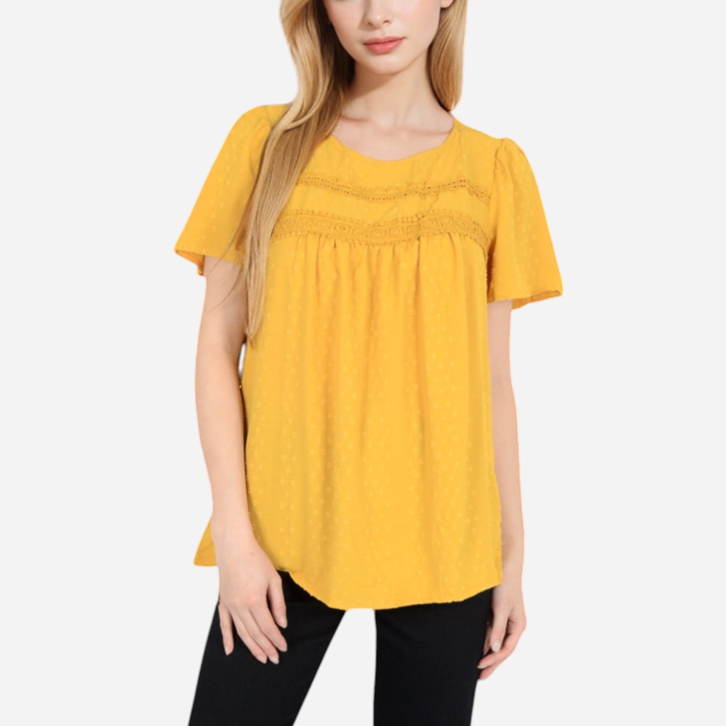 Anna-Kaci Women's Lace Yoke Short Sleeve Blouse with Pleated Front
