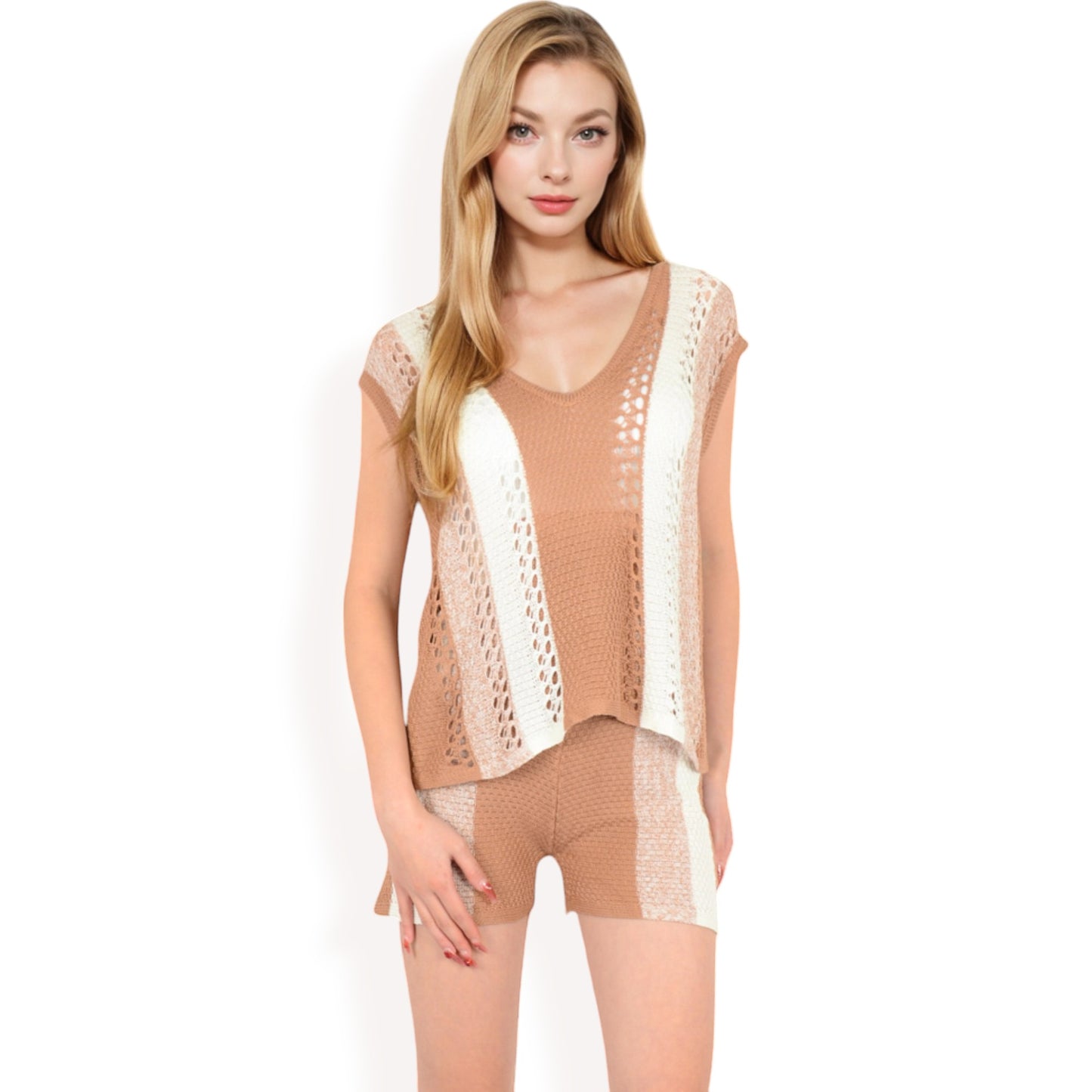 Anna-Kaci Women's Crochet Knit Two-Piece Set with Striped Top and Shorts