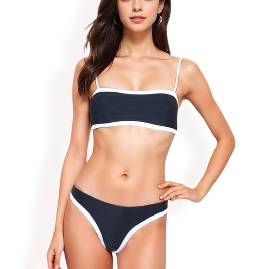 Anna-Kaci Women's Contrast Trim Bikini Set with Scoop Neck Top and High-Cut Bottoms