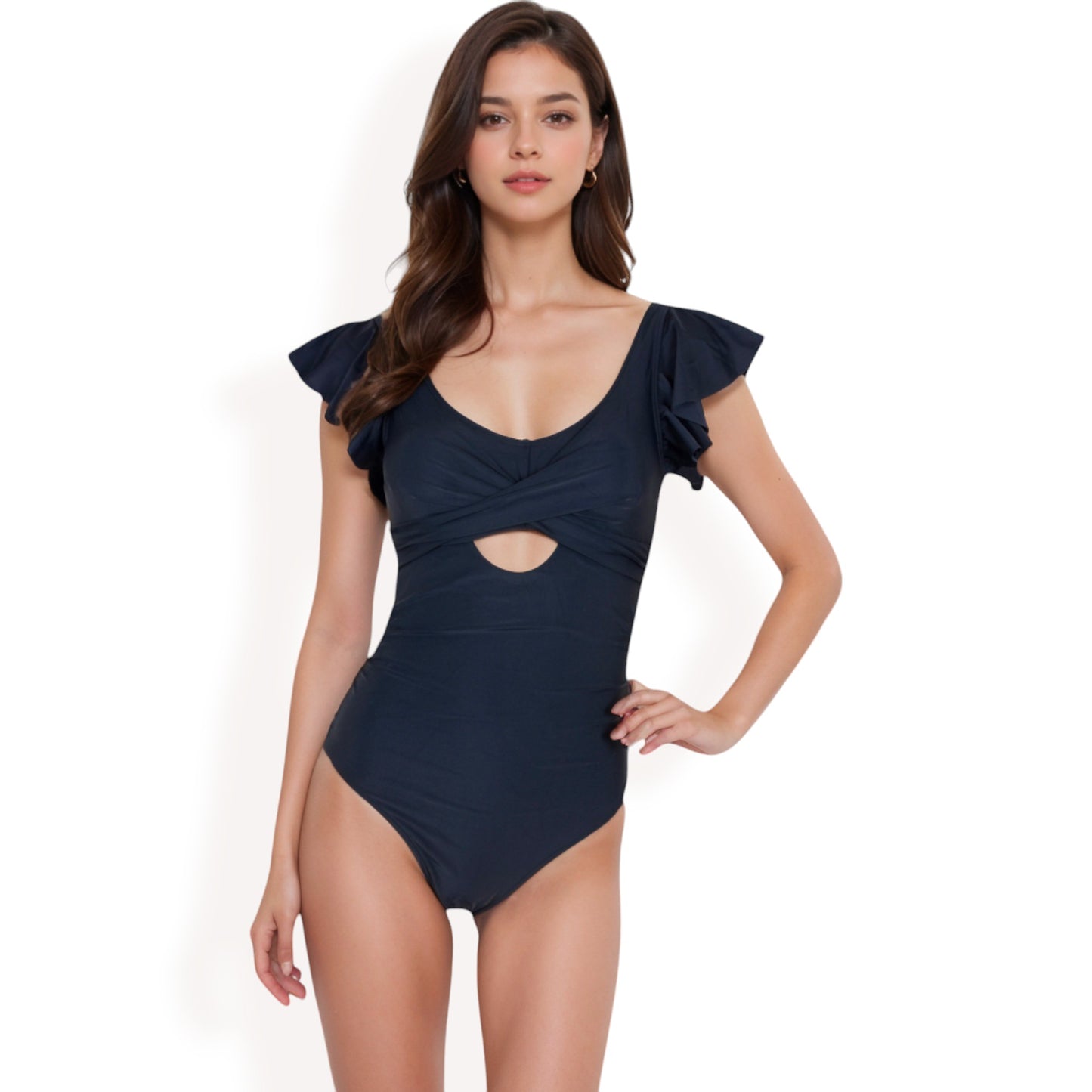 Anna-Kaci Women's Ruffled Sleeve One-Piece Swimsuit with Twist Front and Cutout Detail