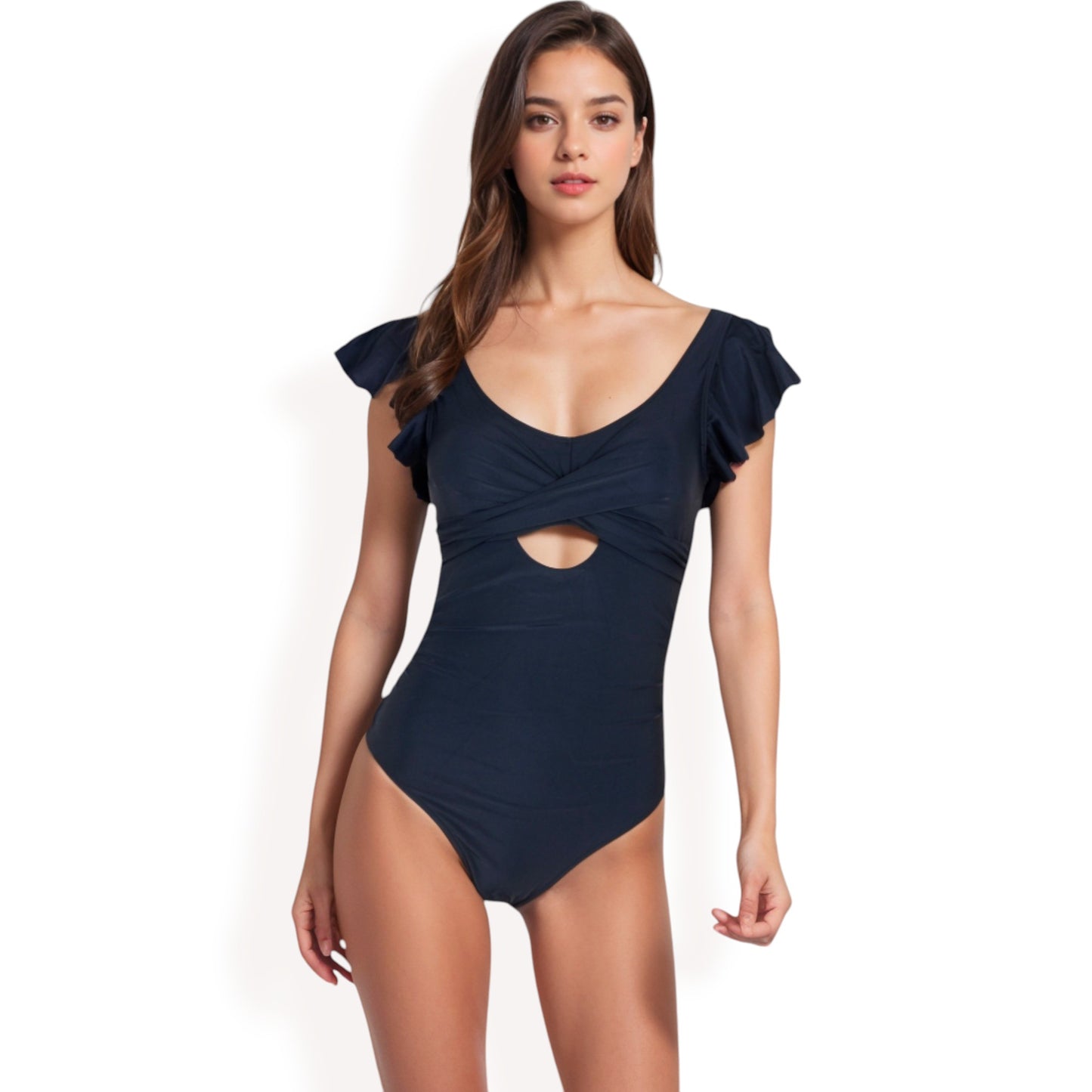 Anna-Kaci Women's Ruffled Sleeve One-Piece Swimsuit with Twist Front and Cutout Detail