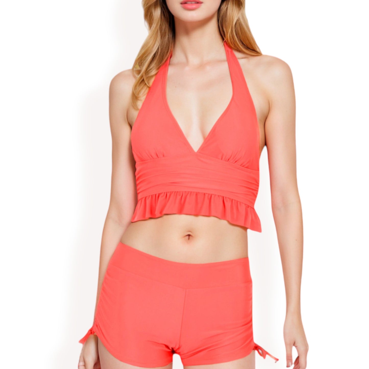 Anna-Kaci Women's Halter High-Waisted Bikini Set with Ruched Detailing and Ruffle Hem