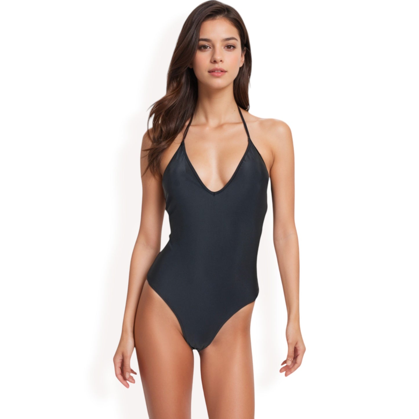 Anna-Kaci Women's Halter Neck One-Piece Swimsuit with Plunge V-Neckline
